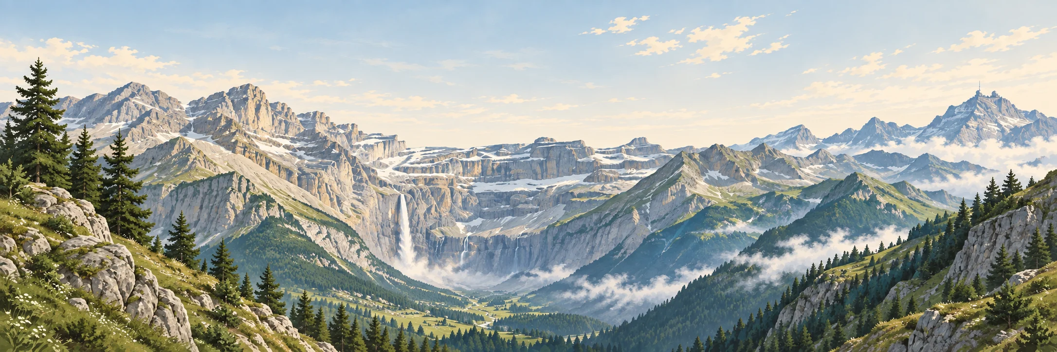 Illustration des Pyrénées inspirée de Gavarnie et du Pic du Midi